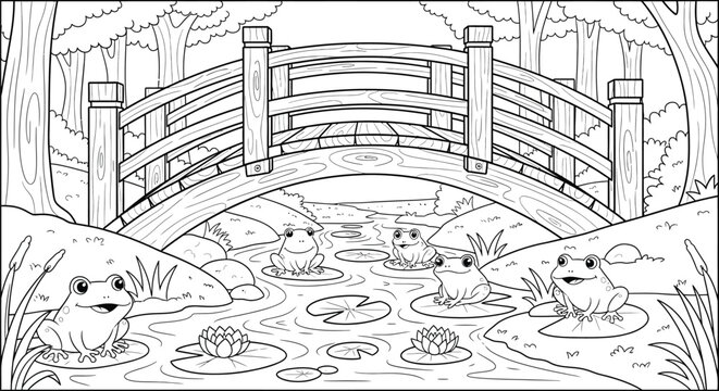 Charming black and white illustration depicts several happy frogs resting upon lily pads in a serene pond below a rustic wooden arched bridge surrounded by woodland trees and cattails perfect for colo