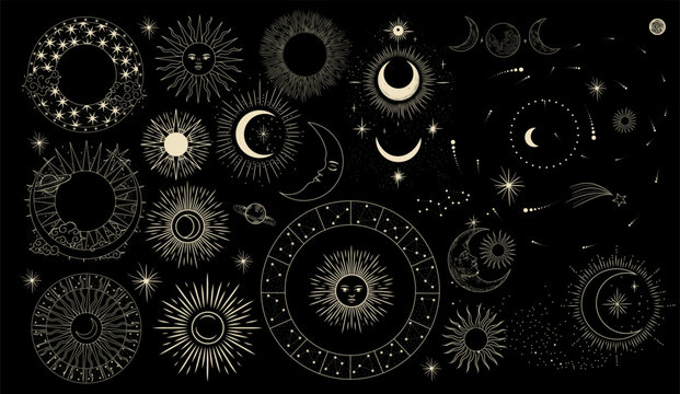 Vector illustration set of moon phases. Different stages of moonlight activity in vintage engraving style. Zodiac Signs	

