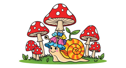 Fototapeta premium Adorable cartoon snail wearing a colorful flower hat and carrying a bright orange striped shell is playfully nestled among several large red and white spotted toadstool mushrooms standing on a patch o