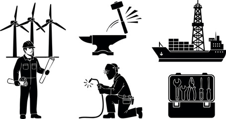 Silhouetted engineer inspecting wind turbines holding blueprints with welder kneeling using torch and ship with drilling rig vector art © PixelPaletteArt
