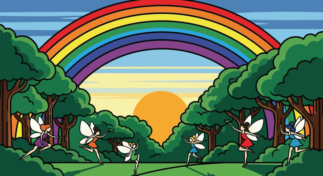 Delightful group of small, winged fairies dancing joyfully beneath a vibrant, overarching rainbow in a lush green forest setting at sunset or sunrise