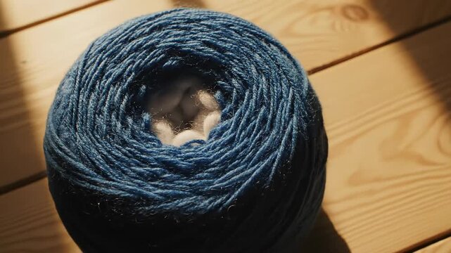 Coil of Yarn: Close-up of a vibrant blue yarn coil, its soft texture and intricate structure, on wooden surface. This image invites one to the art of crafting and textiles.