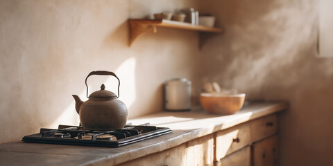 Kettle on gas hob in an old fashioned kitchen bathed in morning light, preparing a warm drink with a relaxed lifestyle