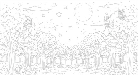Fototapeta premium Outline drawing of three wise owls perched within a dense forest canopy under a bright full moon and scattered starry night sky suggests a peaceful nocturnal wilderness scene for coloring activities.