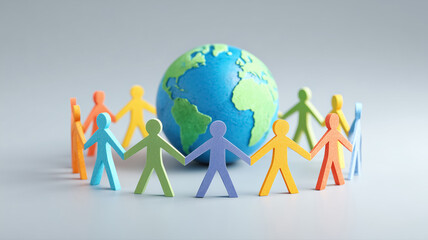 Colored figures holding hands around globe. Concept of  unity, global connection, international solidarity. 