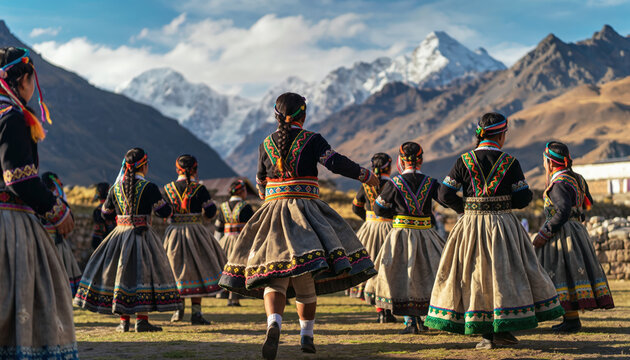 A group of women in traditional clothing are dancing in a field