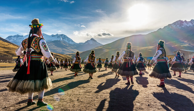 A group of women in traditional clothing are dancing in a field