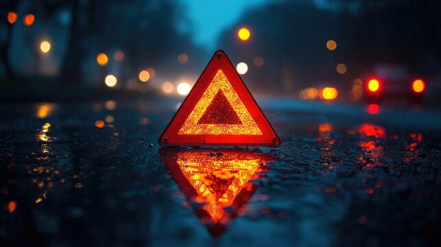 Red Emergency Warning Triangle Reflecting on a Wet Road in Rainy Night Setting, Signaling Caution and Roadside Safety