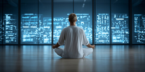 Person meditating in lotus pose facing financial data analytics screen, finding balance in modern trading technology
