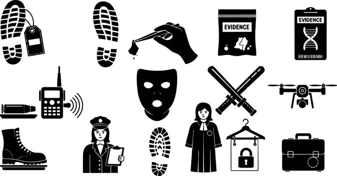 Silhouette vector icons set with police footsteps, evidence bag, masked face, baton, drone, detective and judge in forensic investigation theme
