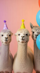 Obraz premium Three alpacas wearing party hats against a pink background, representing celebration, cheerfulness, and festivity, perfect for event or party themes