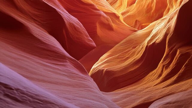 Vibrant sandstone walls of a slot canyon illuminated by sunlight, creating abstract patterns of orange, red, and purple geological formations