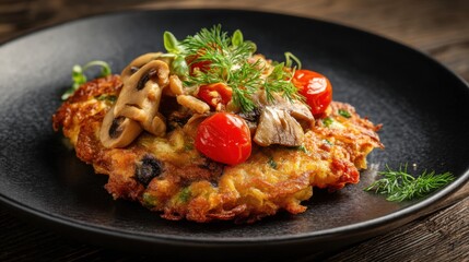 Fototapeta premium Crispy vegetable fritters with mushrooms and cherry tomatoes on black plate.