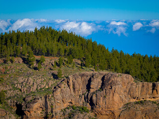 Aerial view of Highlands Mountain Cliffs and Volcanic Topography at Caldera de Tejeda and Artenara,...