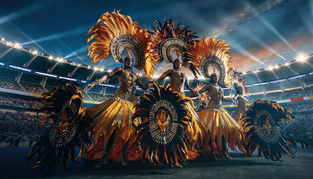 A group of people in colorful costumes are performing on a stage