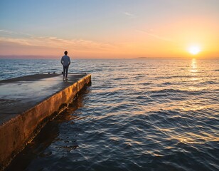 Silhouette of a Man Standing on a Wooden Pier Over Calm Water at Sunset Evoking Solitude and Reflection