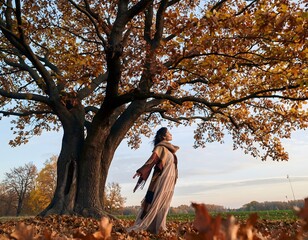Young Woman in Autumn Park Surrounded by Falling Leaves in Warm Seasonal Outdoor Scene