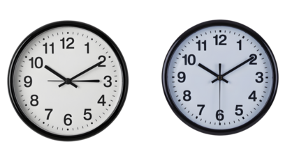 Two Analog Wall Clocks Side-by-Side Displaying Different Times, Isolated on a Transparent Background