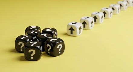 A cluster of black dice with question marks facing a line of white dice with upward arrows on a yellow background.