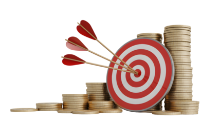 Target Hit with Arrows Amidst Stacks of Gold Coins for Financial Success Isolated on a Transparent Background