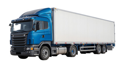 Modern Blue Semi Truck Tractor with White Box Trailer Isolated on a Transparent Background