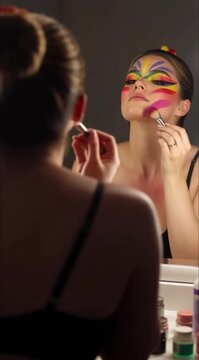 A woman is applying makeup to her face