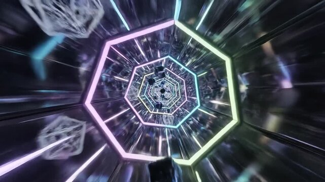 Abstract Neon Octagon Tunnel with Floating Cubes Futuristic SciFi VJ Loop Background.