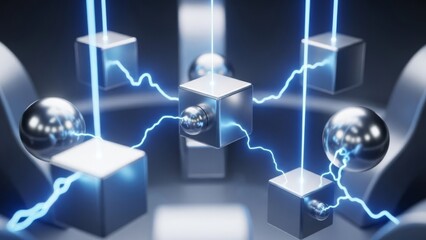 Abstract network of metallic cubes and spheres with blue glowing energy lines representing technology