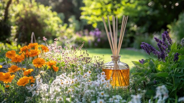 Reed Diffuser in a Vibrant Garden Setting with a Variety of Flowers and Greenery, reed diffuser amidst a lush garden.