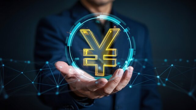 Businessman Holding a Glowing Japanese Yen Symbol with Digital Connection Network for Fintech and Global Finance Concepts