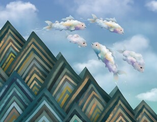 Surreal Cloud Fish Leaping Playfully Over Zigzag Hills in a Dreamlike Sky Landscape