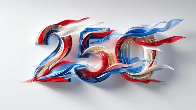 A 3D render of the number 250 with red, white, and blue ribbons flowing through it, presented on a plain background. Perfect for america anniversary celebrations, historical commemoration,
