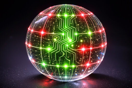 A glowing spherical object with illuminated circuits and bright red and green lights on a black background.