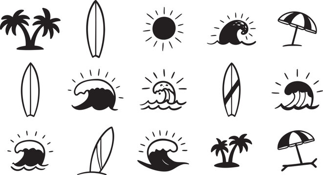 Collection of hand-drawn beach and surfing icons for summer holiday designs and vector elements