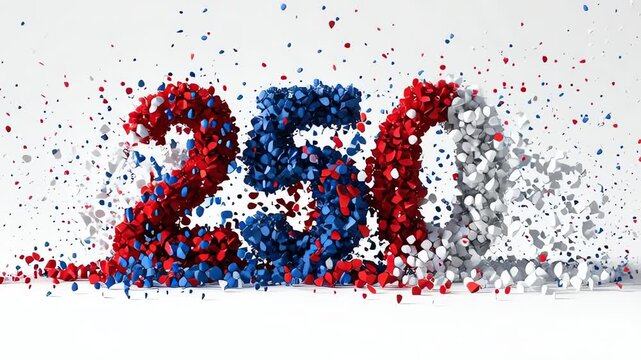 A colorful 3D render of the number 250 made up of red, white, and blue pixels, exploding on a white background. Perfect for america 250 anniversary celebrations, patriotic designs, and