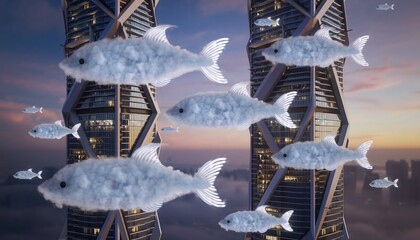 Surreal Clouds Shaped Like Fish Swimming Gracefully Around Towering Structures in a Dreamlike Sky
