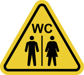 Toilet. WC. Toilet or sanitary area. Public toilet. Yellow warning road sign. Men's and women's toilets.