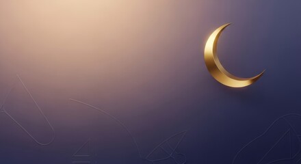 Golden crescent moon symbol floating on elegant purple gradient background with subtle geometric patterns for ramadan kareem celebration islamic holiday design element luxury aesthetic minimal style