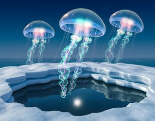 Floating Glowing Jellyfish Hovering Above Snowfield Illustration Creating a Surreal, Dreamlike, and Ethereal Atmosphere