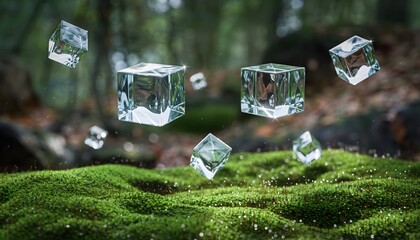Floating Crystal Cubes Hovering Above Mossy Ground Illustration Creating a Surreal, Magical, and Ethereal Natural Scene