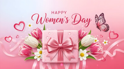 Happy women's day celebration with pink gift and flowers