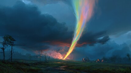 Dramatic landscape with a colorful rainbow like effect and dark clouds