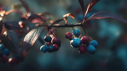 Close-up of vibrant red and blue berries on a sunlit branch.