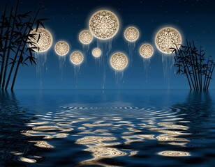 Floating Ornate Lantern Planets Hovering Above Lake Illustration Creating a Surreal, Magical, and Dreamlike Atmosphere
