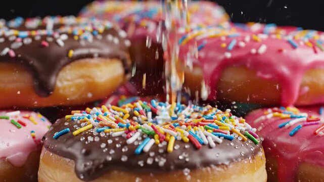Sweet Delight: A tantalizing close-up showcases an assortment of colorful donuts, the focus on a cascade of sprinkles adding a touch of playful celebration to the scene.