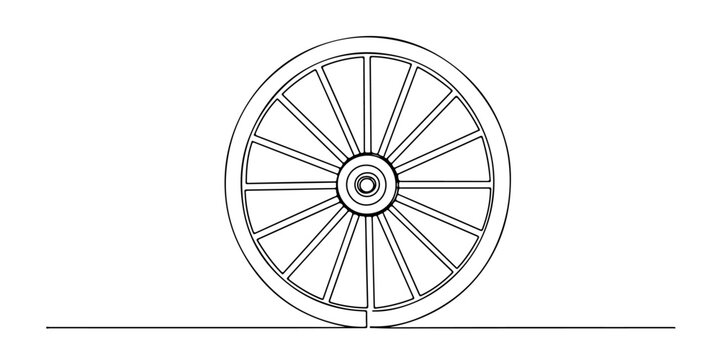 Continuous one-line drawing of a wagon wheel, representing rural charm and travel. Line art style vector illustration.