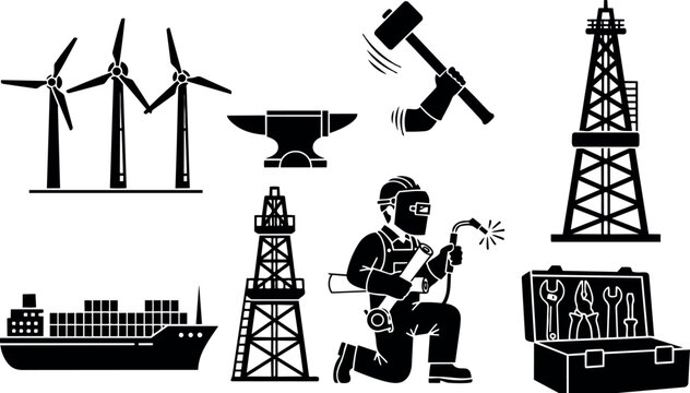 Industrial worker welding oil rig platform near toolbox and anvil with wind turbines and cargo ship silhouettes vector icons