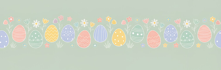 Soft pastel Easter banner with hand-drawn eggs and small spring flowers forming a repeating border on muted green background, perfect for web headers, invitations, packaging, and seasonal branding.