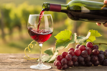 Red wine being poured from a glass bottle into a wine glass with ripe purple grapes nearby. Perfect for winery branding, wine tasting promotions, restaurant menus, vineyards, and lifestyle design.