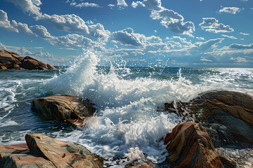 Majestic coastal view with waves crashing on rocky shoreline under blue sky